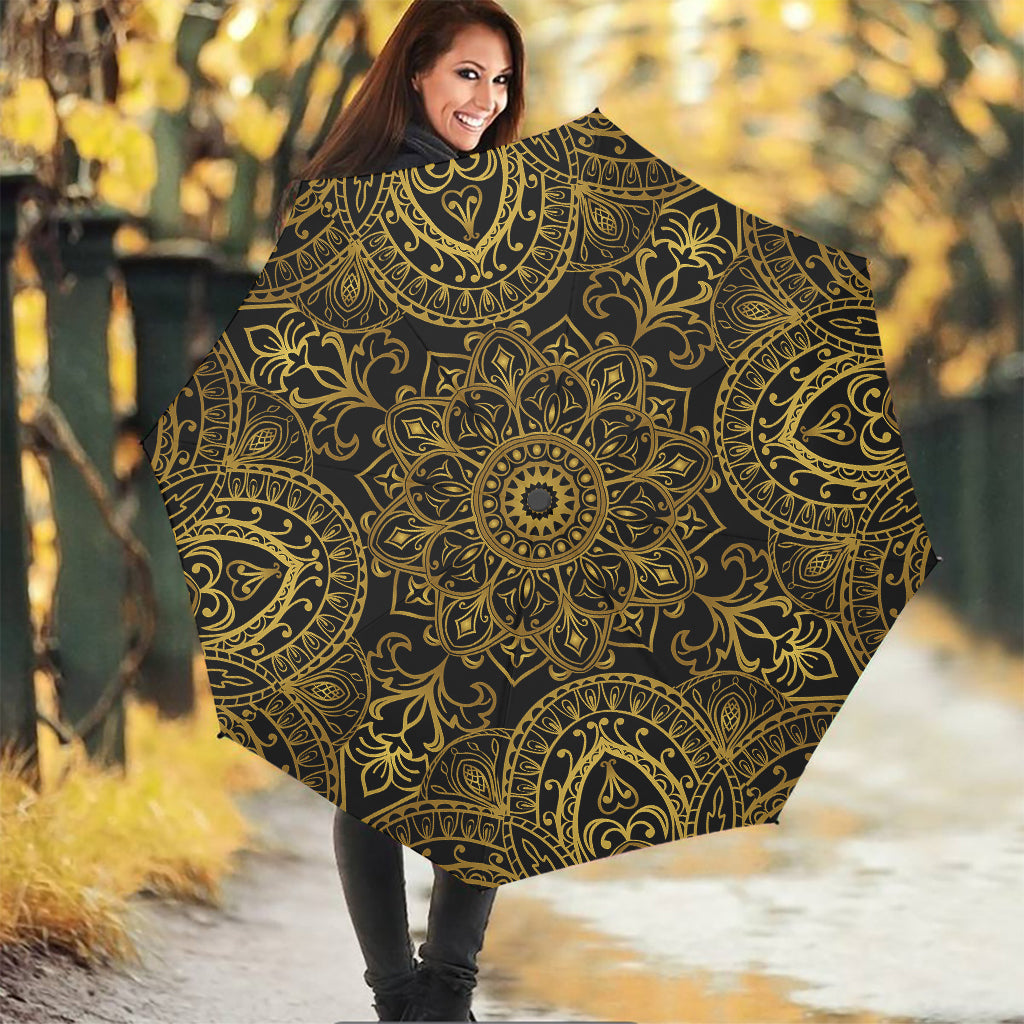 Gold And Black Mandala Print Foldable Umbrella