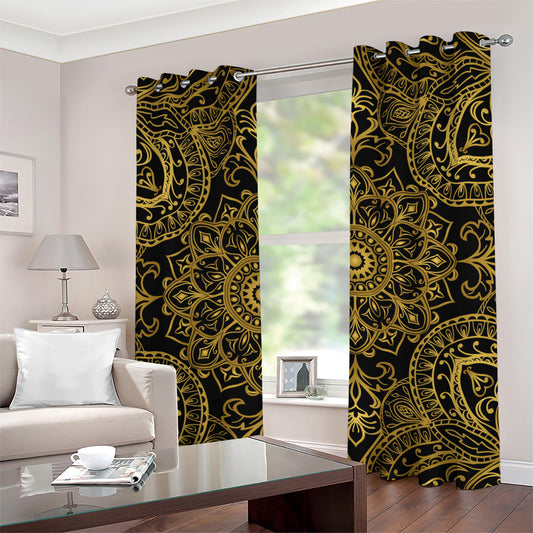 Gold And Black Mandala Print Grommet Curtains