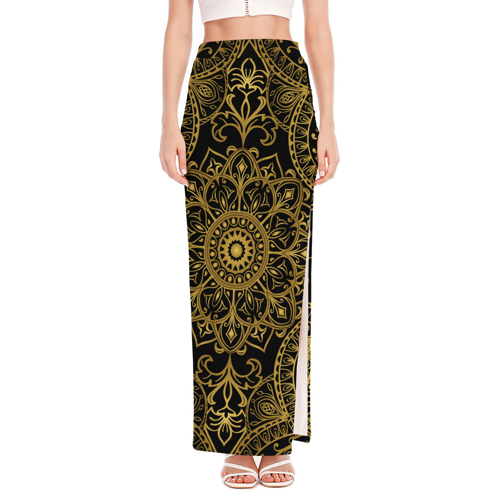 Gold And Black Mandala Print High Slit Maxi Skirt