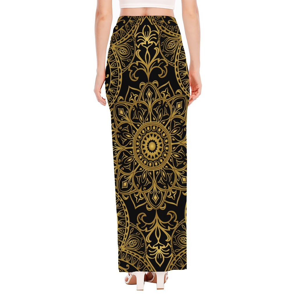 Gold And Black Mandala Print High Slit Maxi Skirt