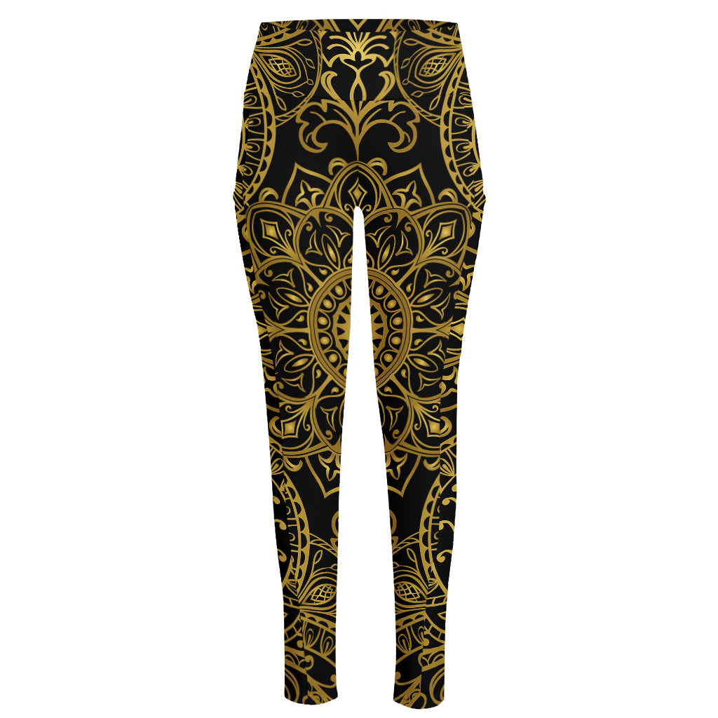 Gold And Black Mandala Print High-Waisted Pocket Leggings