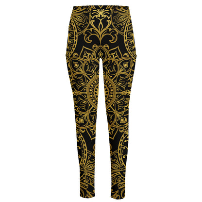Gold And Black Mandala Print High-Waisted Pocket Leggings