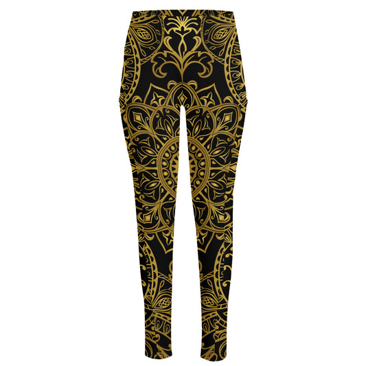 Gold And Black Mandala Print High-Waisted Pocket Leggings