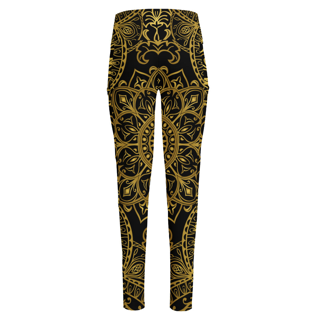 Gold And Black Mandala Print High-Waisted Pocket Leggings
