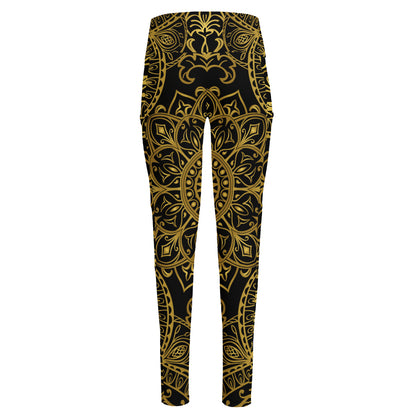 Gold And Black Mandala Print High-Waisted Pocket Leggings