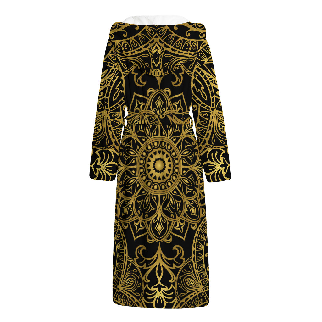 Gold And Black Mandala Print Hooded Bathrobe