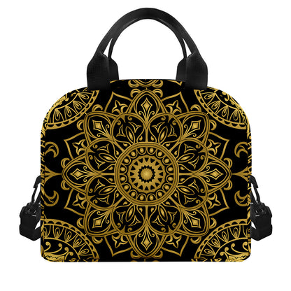 Gold And Black Mandala Print Insulated Lunch Bag