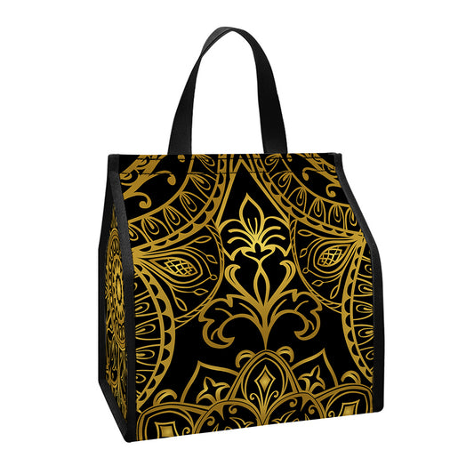 Gold And Black Mandala Print Insulated Lunch Tote