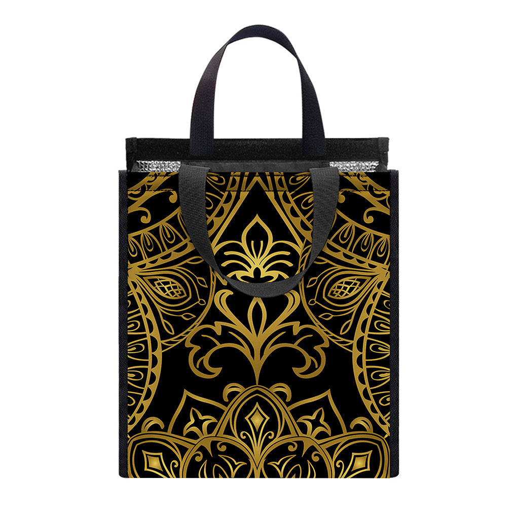 Gold And Black Mandala Print Insulated Lunch Tote