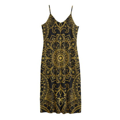 Gold And Black Mandala Print Jersey Midi Cami Dress