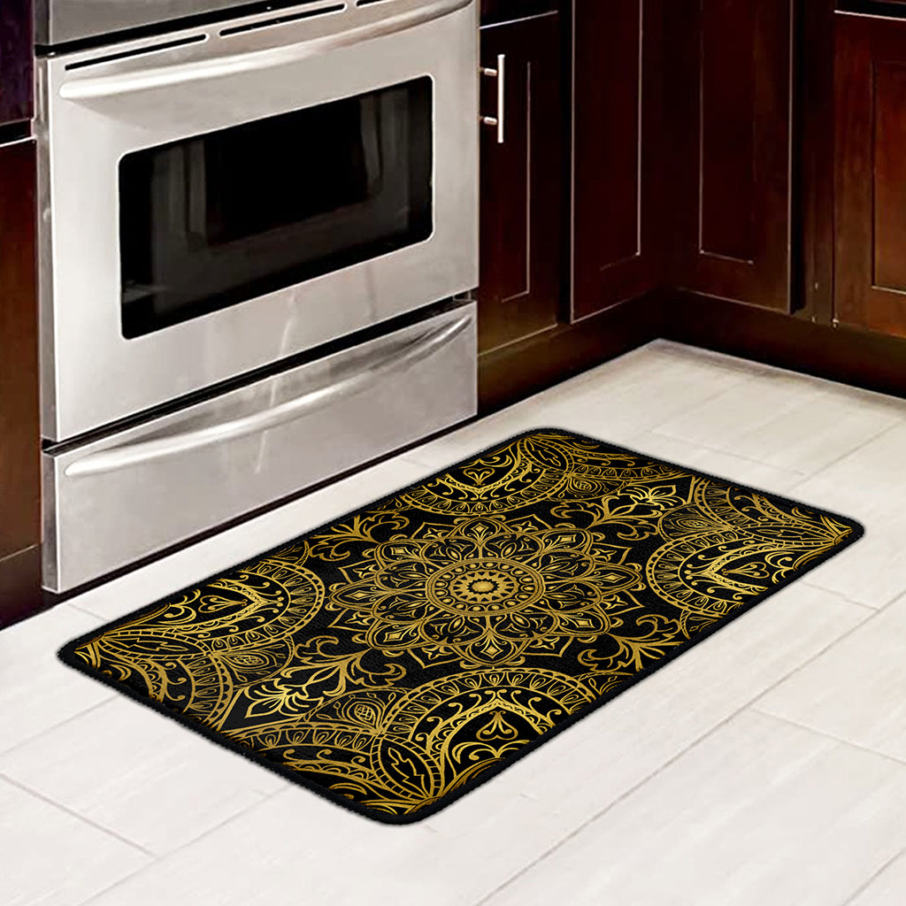 Gold And Black Mandala Print Kitchen Mat