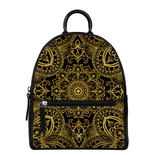 Gold And Black Mandala Print Leather Backpack