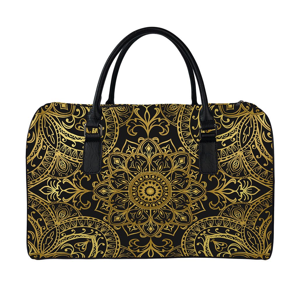 Gold And Black Mandala Print Leather Duffle Bag