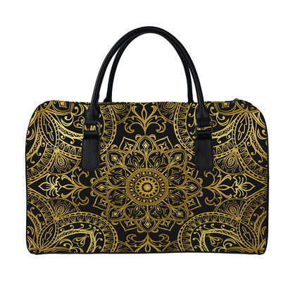 Gold And Black Mandala Print Leather Duffle Bag