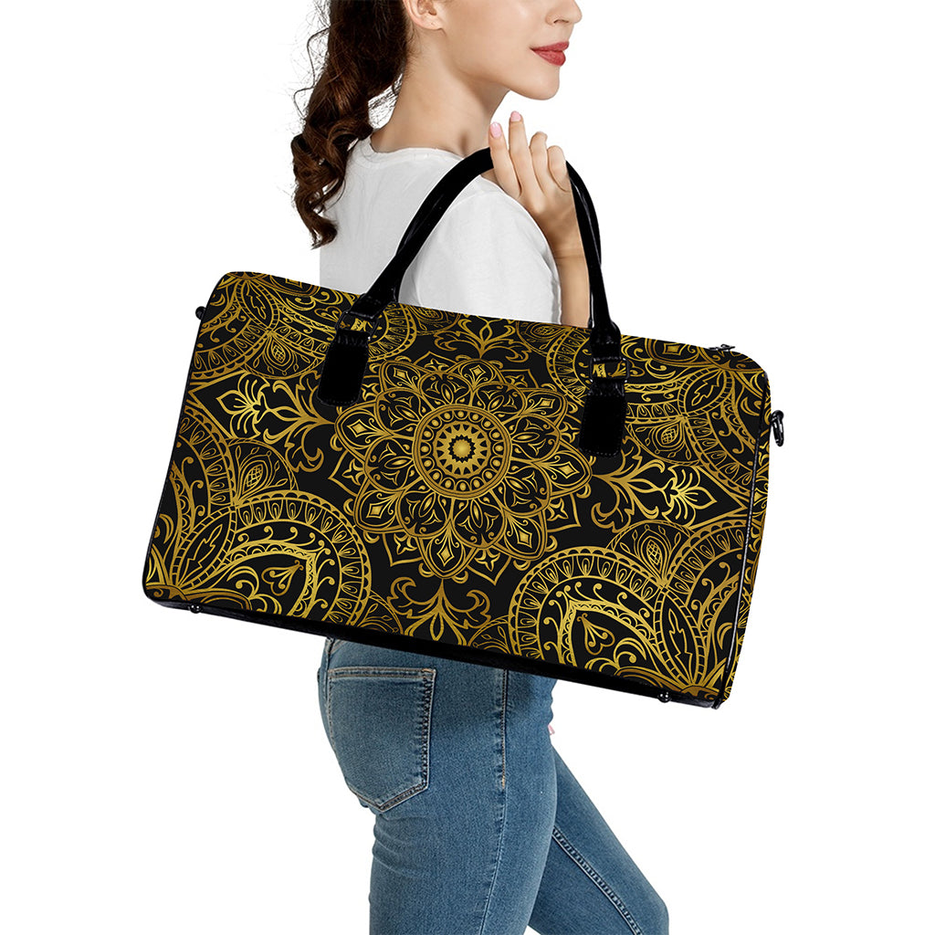 Gold And Black Mandala Print Leather Duffle Bag