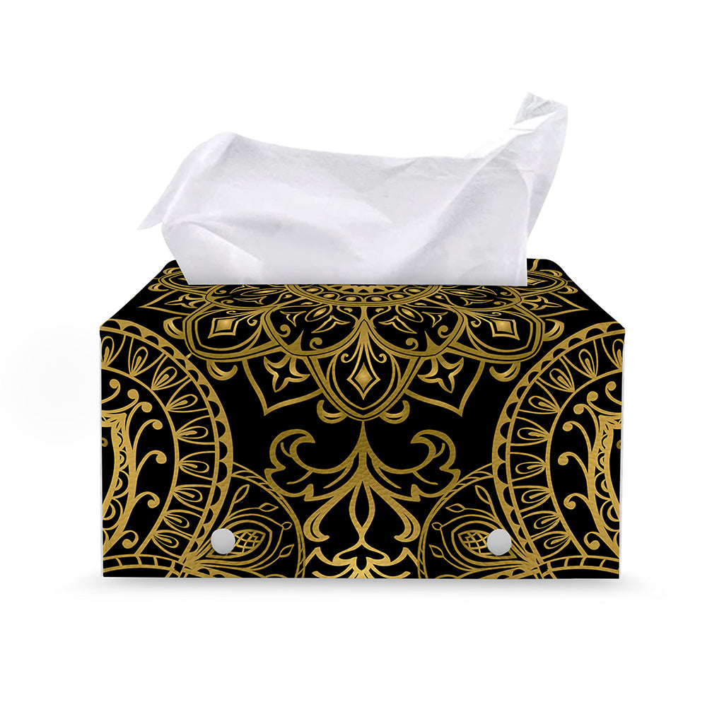 Gold And Black Mandala Print Leather Tissue Box Cover