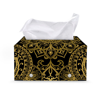Gold And Black Mandala Print Leather Tissue Box Cover