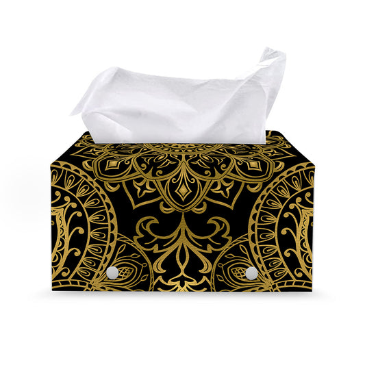 Gold And Black Mandala Print Leather Tissue Box Cover