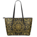 Gold And Black Mandala Print Leather Tote Bag With Zipper