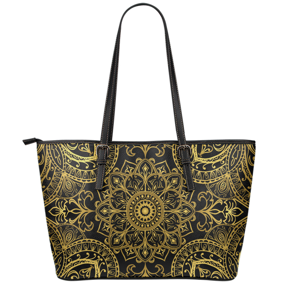 Gold And Black Mandala Print Leather Tote Bag