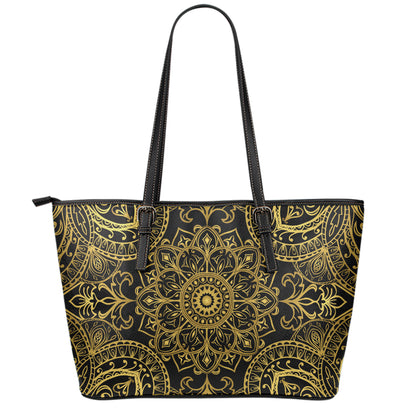 Gold And Black Mandala Print Leather Tote Bag