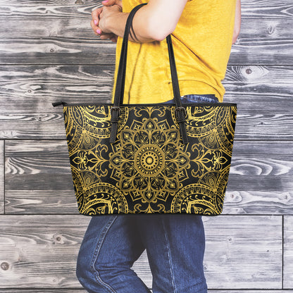 Gold And Black Mandala Print Leather Tote Bag