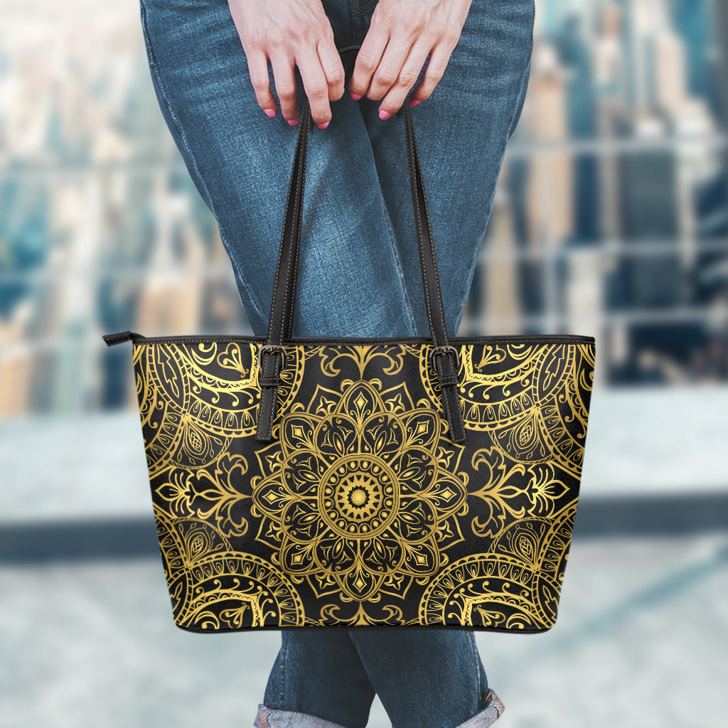 Gold And Black Mandala Print Leather Tote Bag