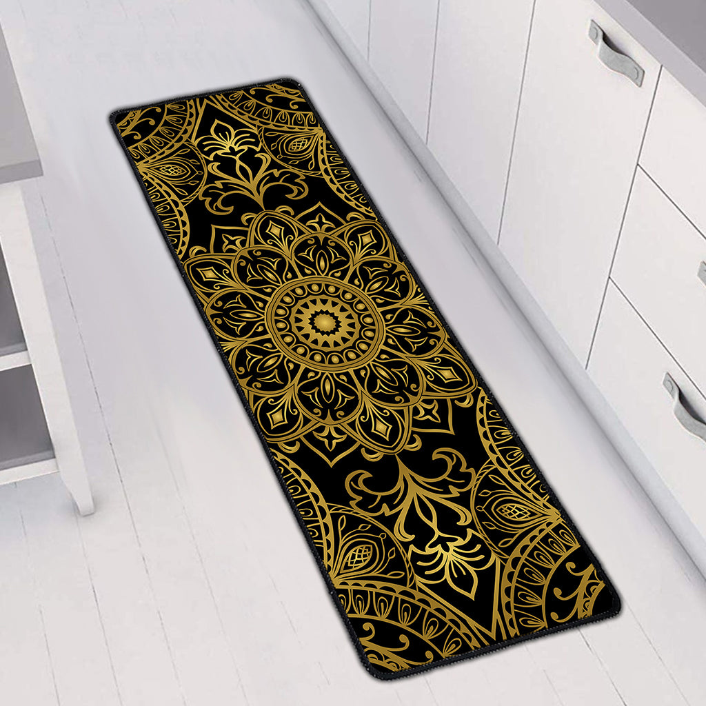 Gold And Black Mandala Print Long Kitchen Mat