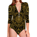 Gold And Black Mandala Print Long Sleeve Swimsuit