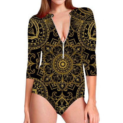 Gold And Black Mandala Print Long Sleeve Swimsuit