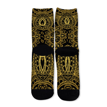 Gold And Black Mandala Print Long Socks