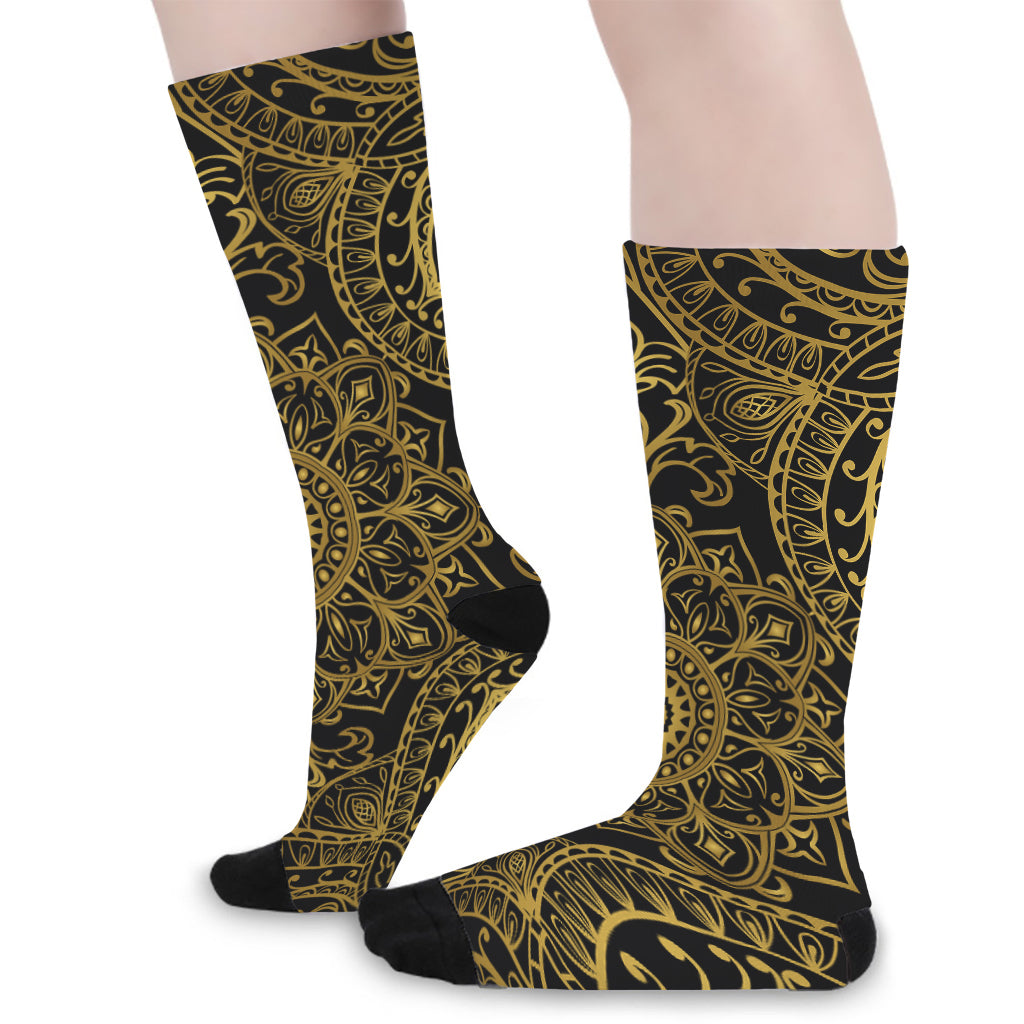 Gold And Black Mandala Print Long Socks