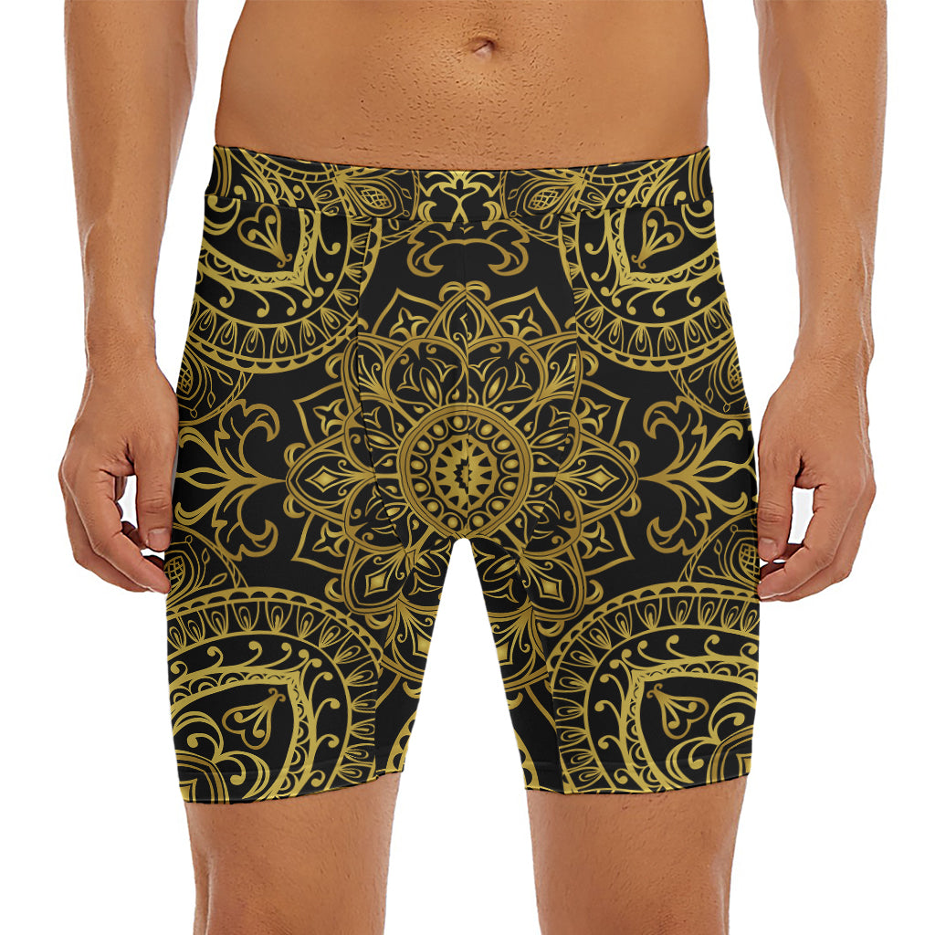 Gold And Black Mandala Print Men's Long Boxer Briefs