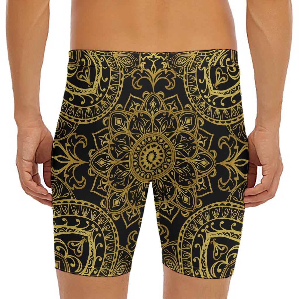 Gold And Black Mandala Print Men's Long Boxer Briefs