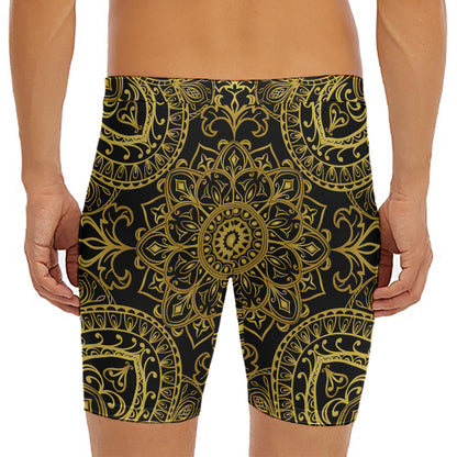 Gold And Black Mandala Print Men's Long Boxer Briefs