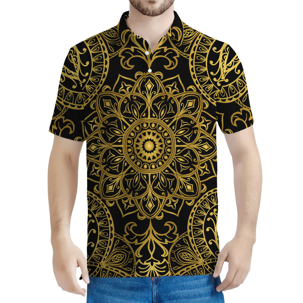 Gold And Black Mandala Print Men's Polo Shirt