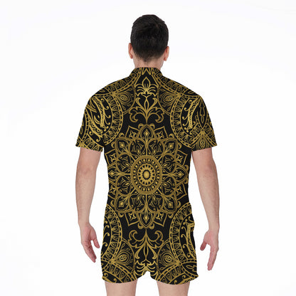Gold And Black Mandala Print Men's Rompers