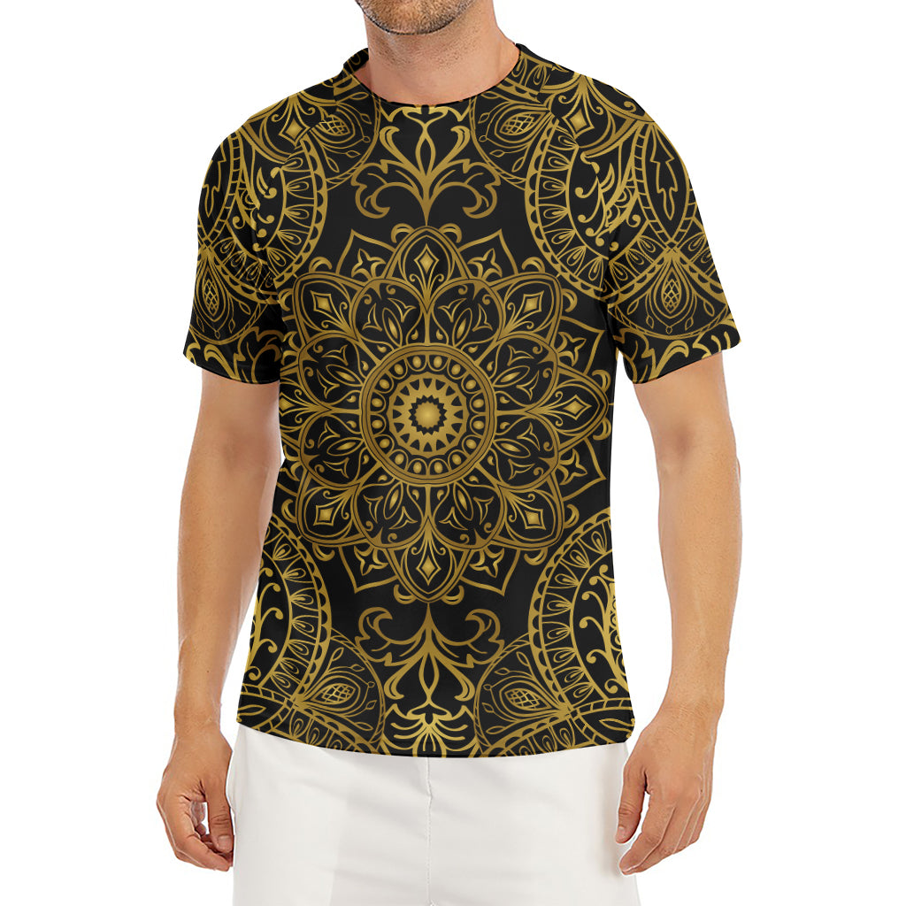 Gold And Black Mandala Print Men's Short Sleeve Rash Guard