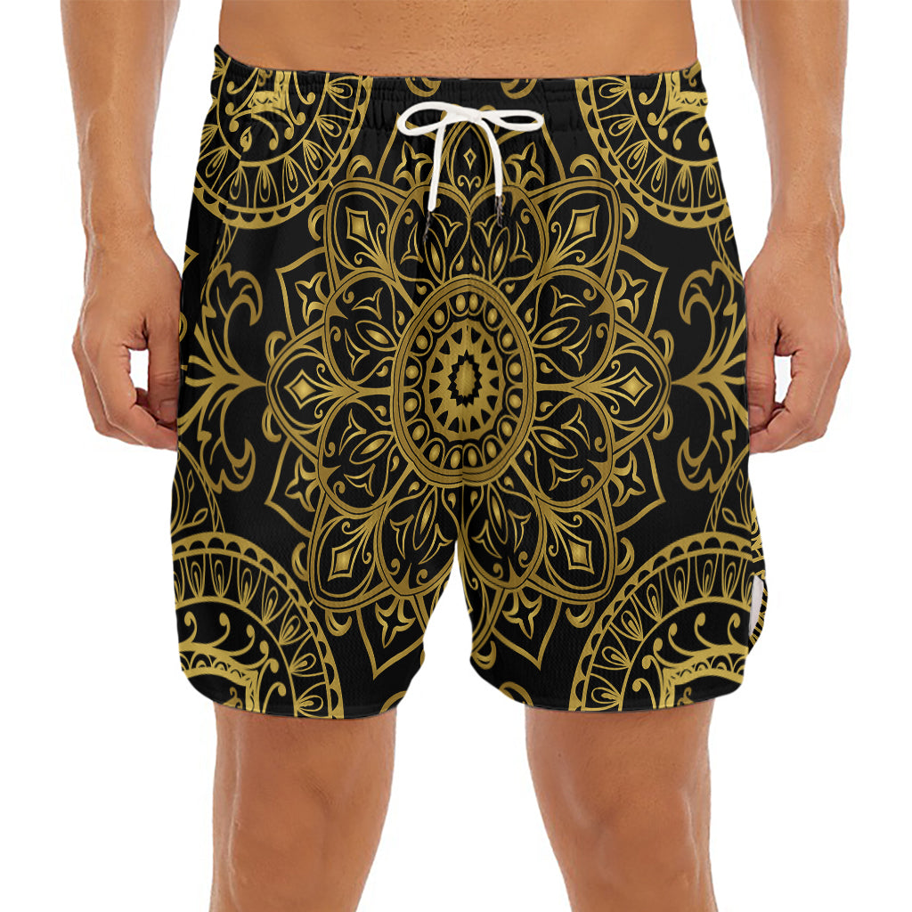 Gold And Black Mandala Print Men's Split Running Shorts