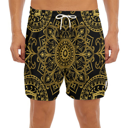Gold And Black Mandala Print Men's Split Running Shorts