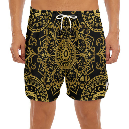 Gold And Black Mandala Print Men's Split Running Shorts