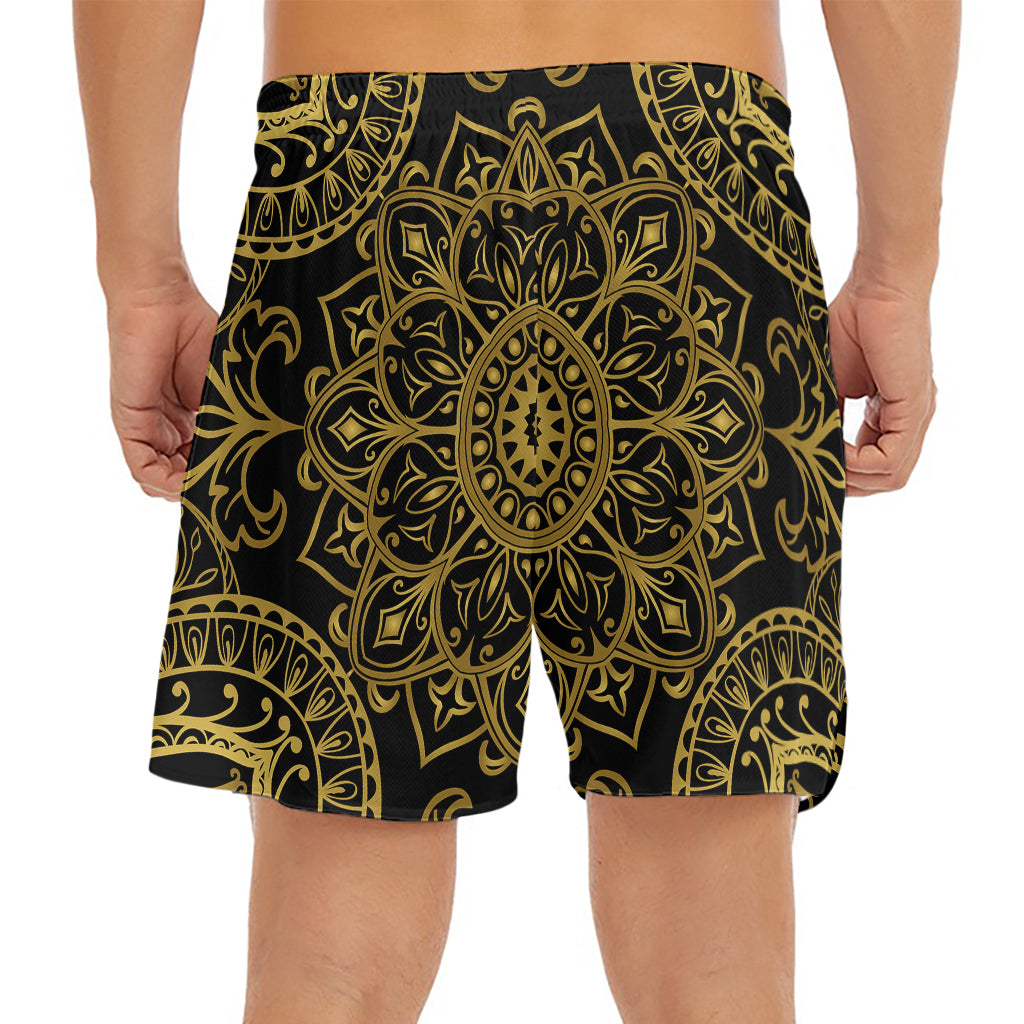 Gold And Black Mandala Print Men's Split Running Shorts