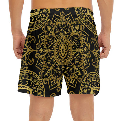 Gold And Black Mandala Print Men's Split Running Shorts