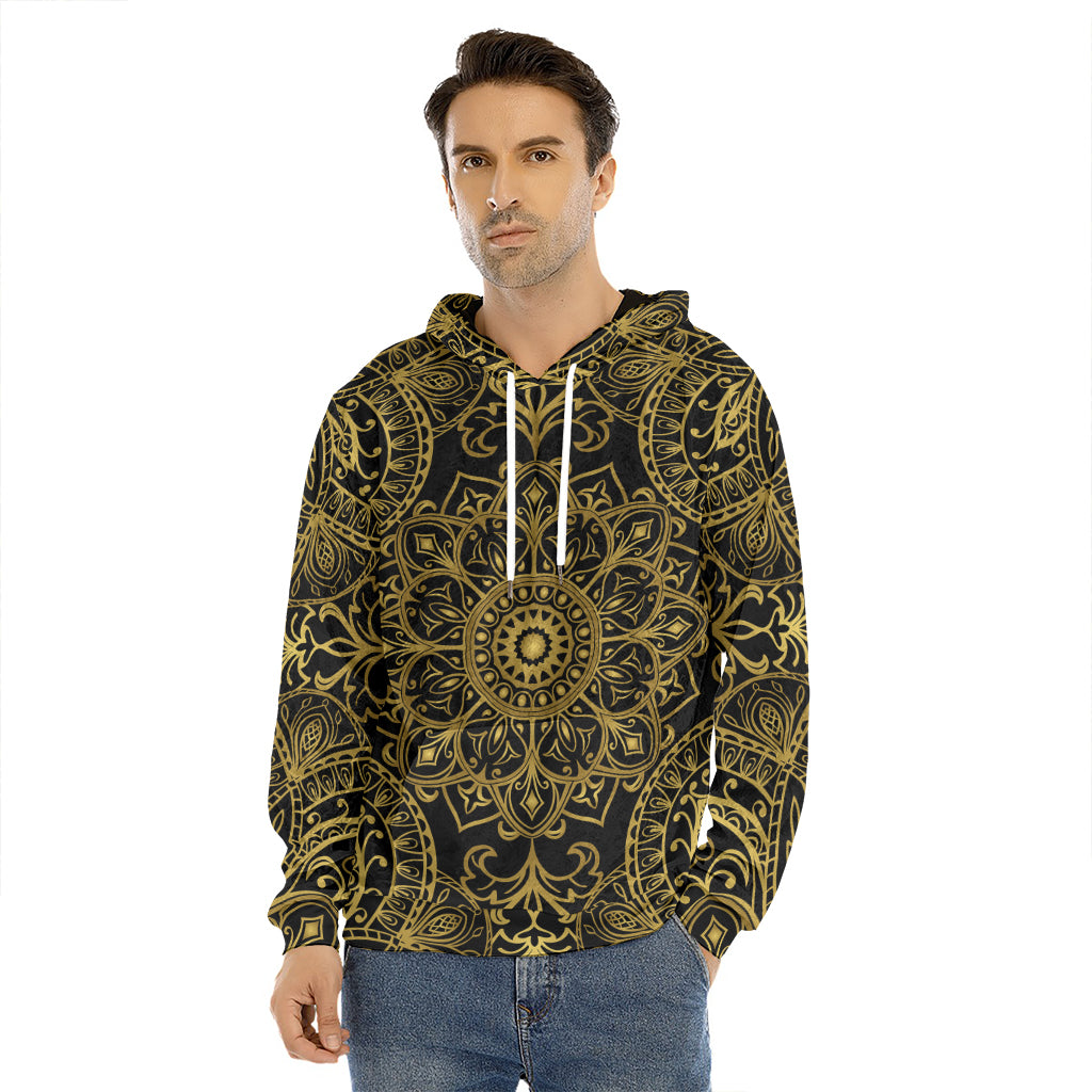 Gold And Black Mandala Print Men's Velvet Pullover Hoodie