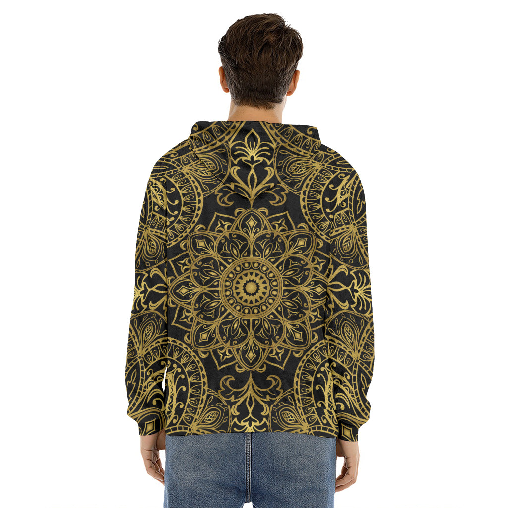 Gold And Black Mandala Print Men's Velvet Pullover Hoodie