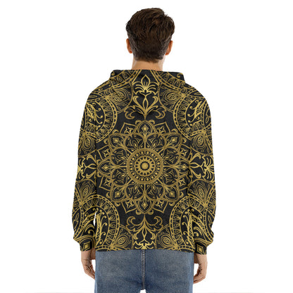 Gold And Black Mandala Print Men's Velvet Pullover Hoodie
