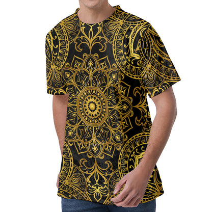 Gold And Black Mandala Print Men's Velvet T-Shirt