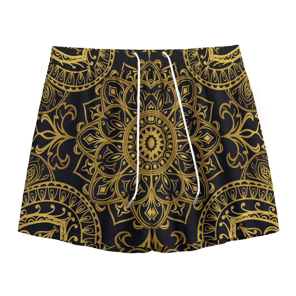 Gold And Black Mandala Print Mesh Shorts