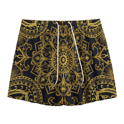 Gold And Black Mandala Print Mesh Shorts