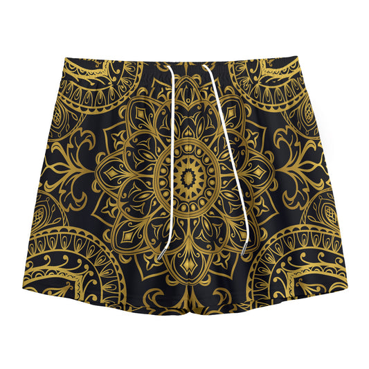 Gold And Black Mandala Print Mesh Shorts